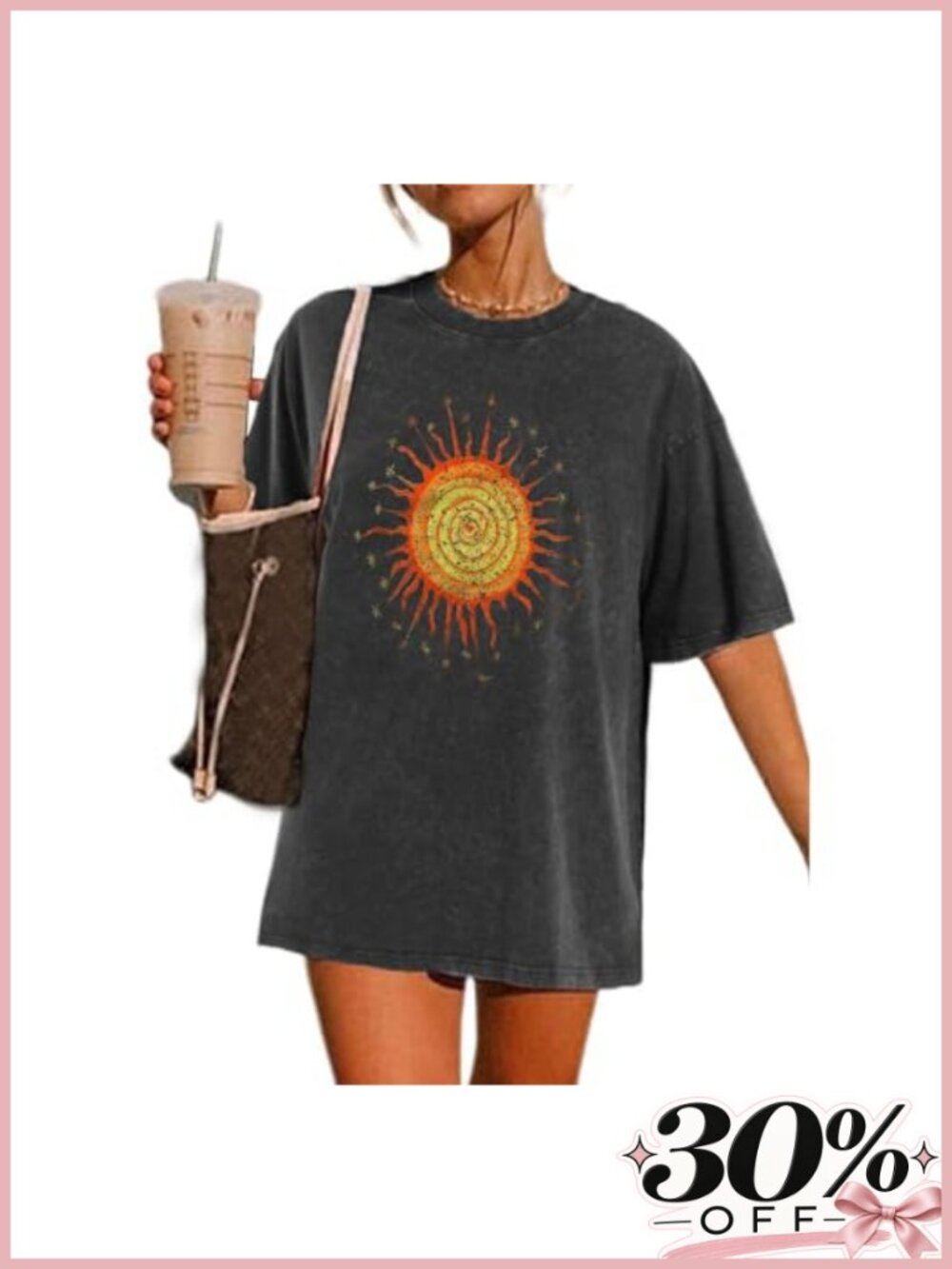 Oversized Vintage Graphic Tee Cotton Distressed Sun Star Print Boyfriend Baggy